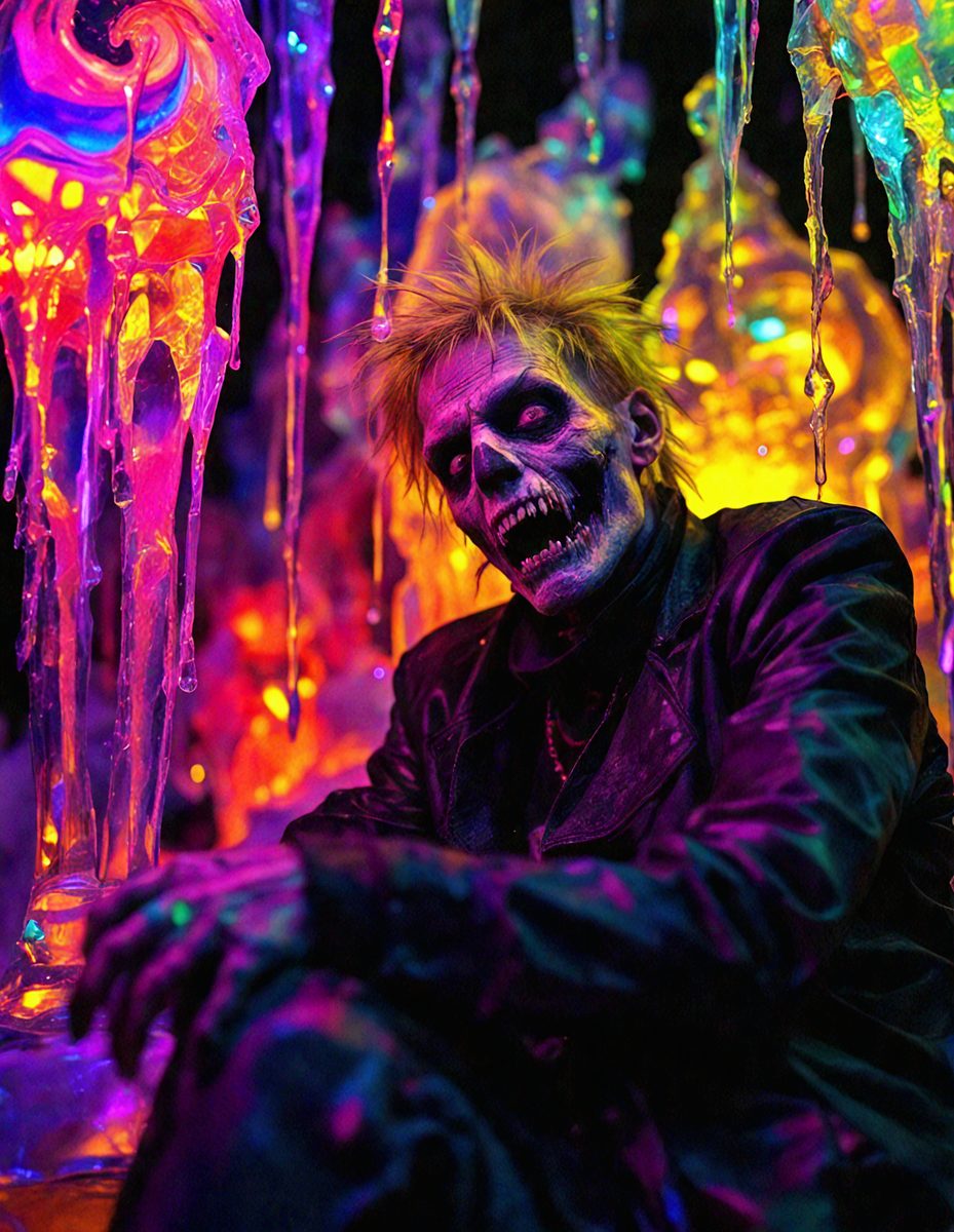The primary subject of the image is a man with a skull face, likely a zombie or a character from a horror movie. He is sitting in front of a backdrop of colorful, dripping, and glowing objects, which create a vibrant and lively atmosphere. The visual style of the image appears to be a combination of photo and digital art, as it captures the man's unique appearance and the vivid colors of the background. The overall mood of the image is energetic and captivating, with the man's skull face and the colorful, glowing objects creating a striking contrast.